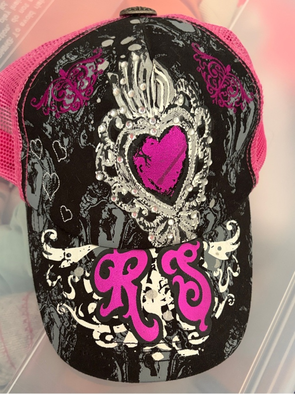 Rebel Spirit Black and Hot Pink Crest Logo Trucker Cap